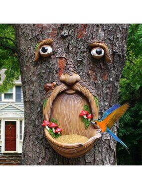 Whimsical Tree Face Birdfeeder Sculpture | Outdoor Garden Decoration & Peeker